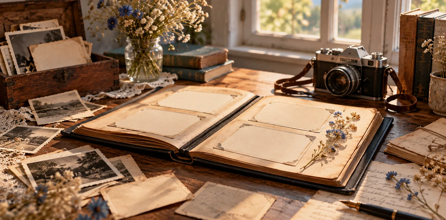 Illustrative family memory scrapbook with antique albums and photographs